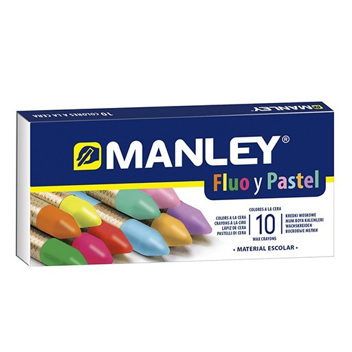 MANLEY CAJA CARTÓN FLUO Y PASTEL CON 10 CERAS COLORES FLUOR Y PASTEL