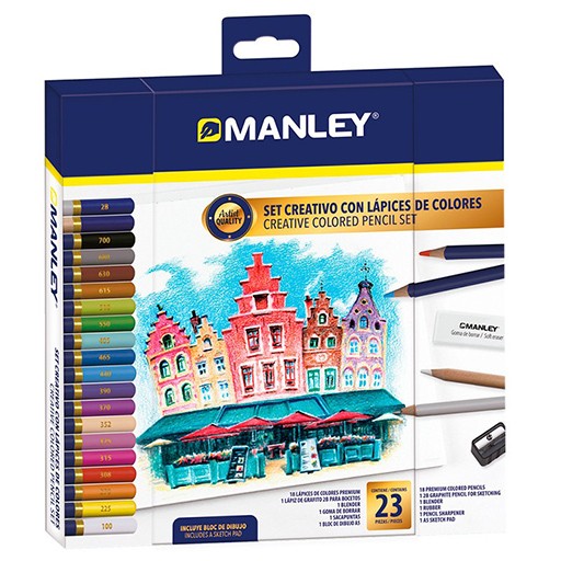 MANLEY SET CREATIVO 23 PIEZAS PARA DIBUJO - LÁPICES DE COLORES + ACCESORIOS