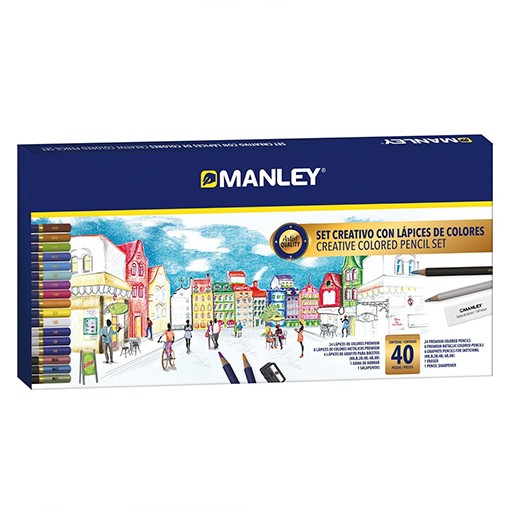 MANLEY SET CREATIVO 40 PIEZAS PARA DIBUJO - LÁPICES DE COLORES + ACCESORIOS