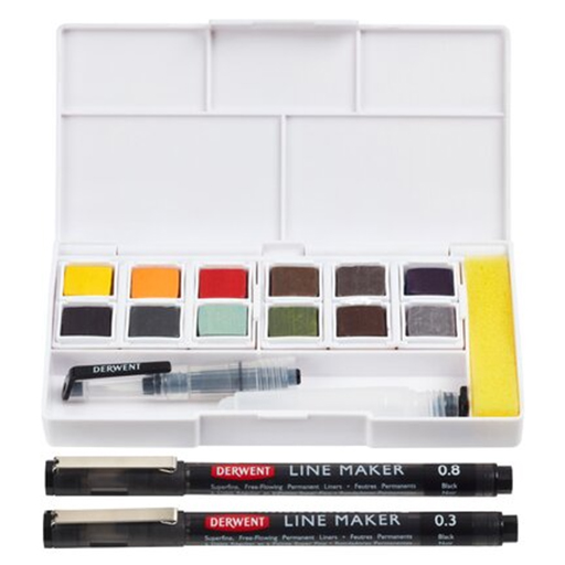 DERWENT LINE AND WASH PAINT PAN SET - 12  COLORES